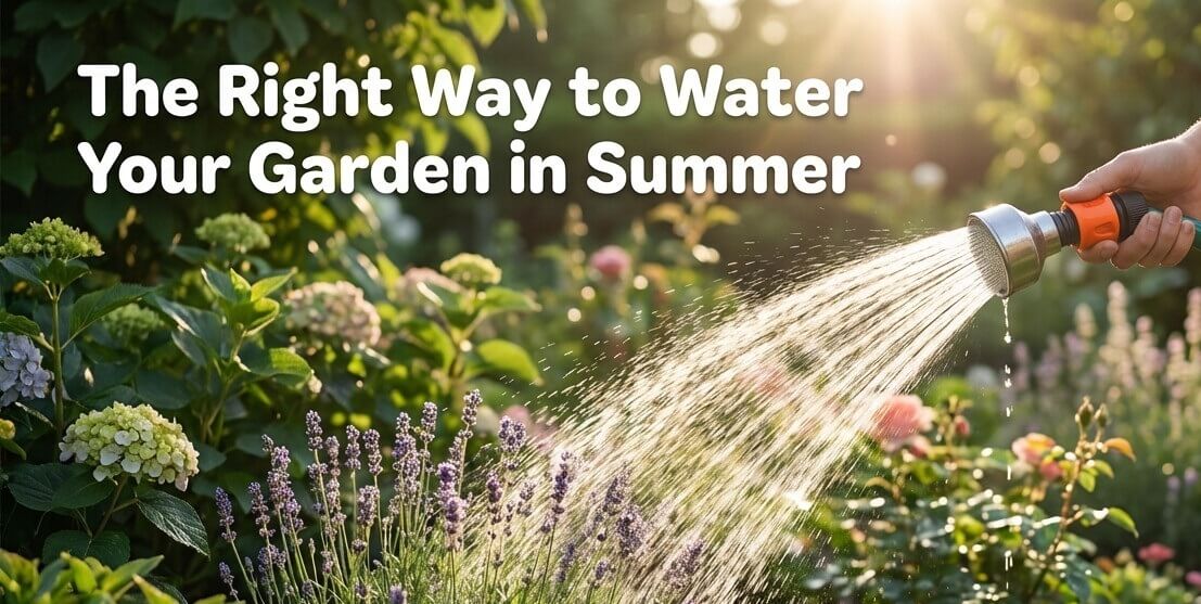 A person waters a garden with a hose on a sunny day, surrounded by blooming flowers and plants. Text reads: "The Right Way to Water Your Garden in Summer—perfect for modern garden styles.