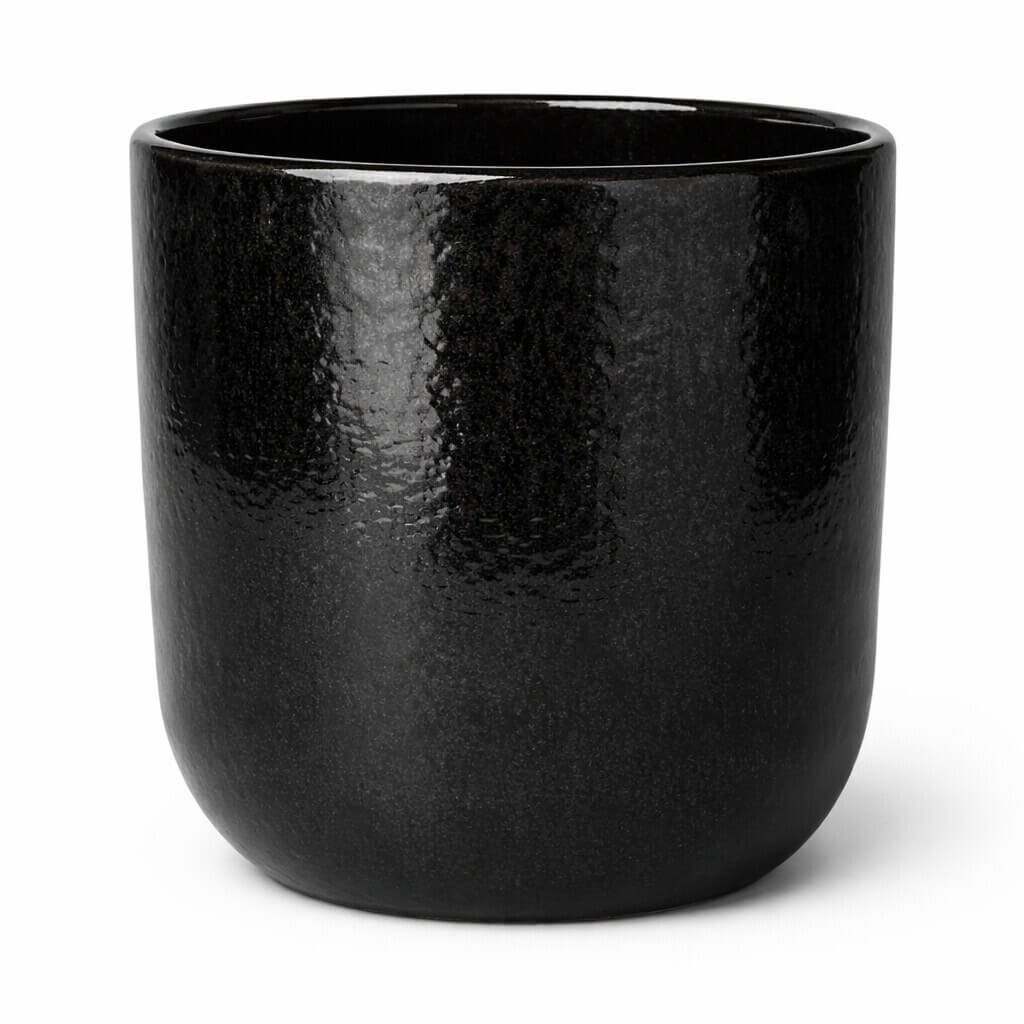 A black, textured ceramic plant pot with a rounded base, shown against a plain white background.