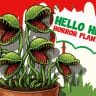 Illustration of a Horror Plant in a pot with multiple open-mouthed, sharp-toothed heads. Text reads "Hello Hello Horror Plant Sale" and "Hello Hello Plants." Red paint drips in the background.