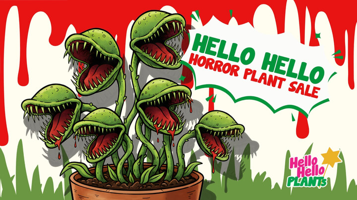 Illustration of a Horror Plant in a pot with multiple open-mouthed, sharp-toothed heads. Text reads "Hello Hello Horror Plant Sale" and "Hello Hello Plants." Red paint drips in the background.