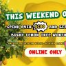 Promotional image with Meyer Lemon tree and lemons; text reads “This Weekend Only! Spend over £100 and get a Free Meyer Lemon Tree—£50 Value. Sale ended. Online only.”.