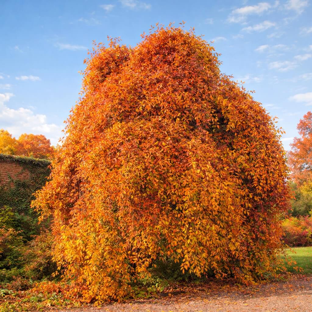 The Nyssa 'Autumn Cascade' Weeping Tupelo in an 8" pot is a graceful, large tree with dense, cascading branches covered in vibrant orange and yellow autumn foliage, perfect for garden settings.
