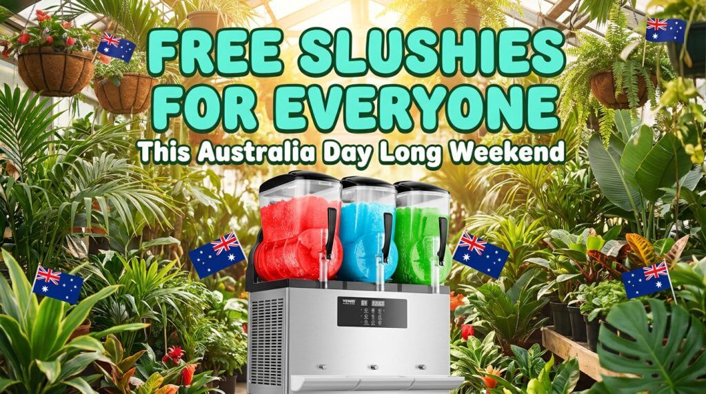 A commercial slushie machine with red, blue, and green drinks sits in a plant nursery glasshouse, surrounded by lush plants and Australian flags, with text promoting free slushies for Australia Day bank holiday weekend.