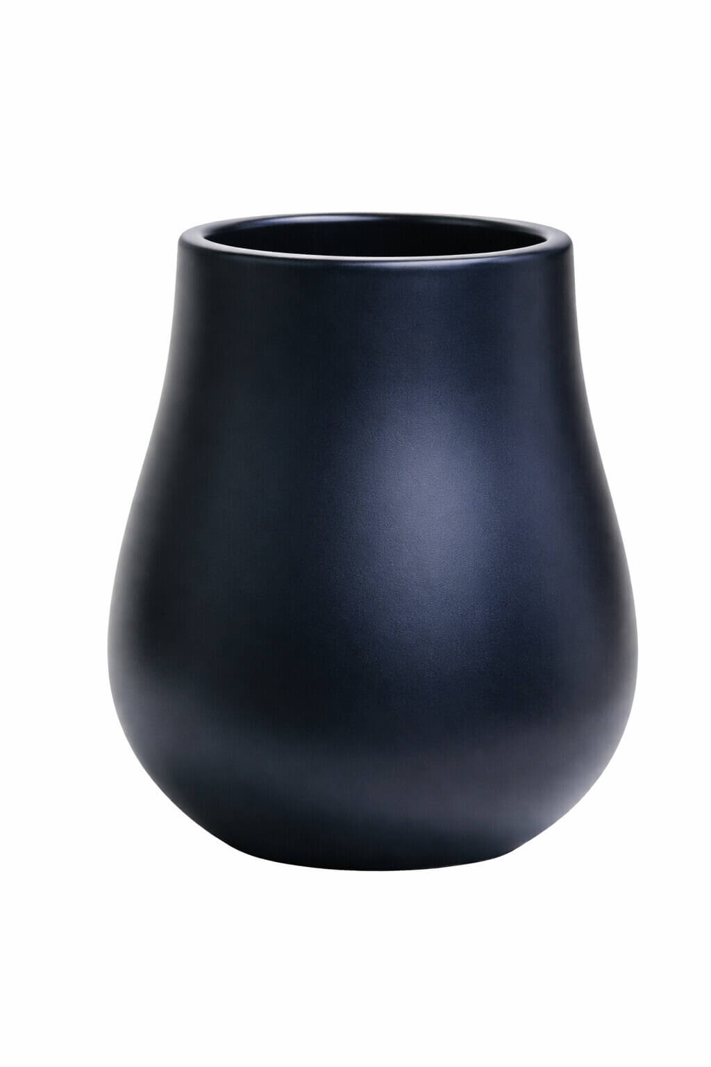 Matte black, rounded vase with a wide base and narrow opening, set against a plain white background.