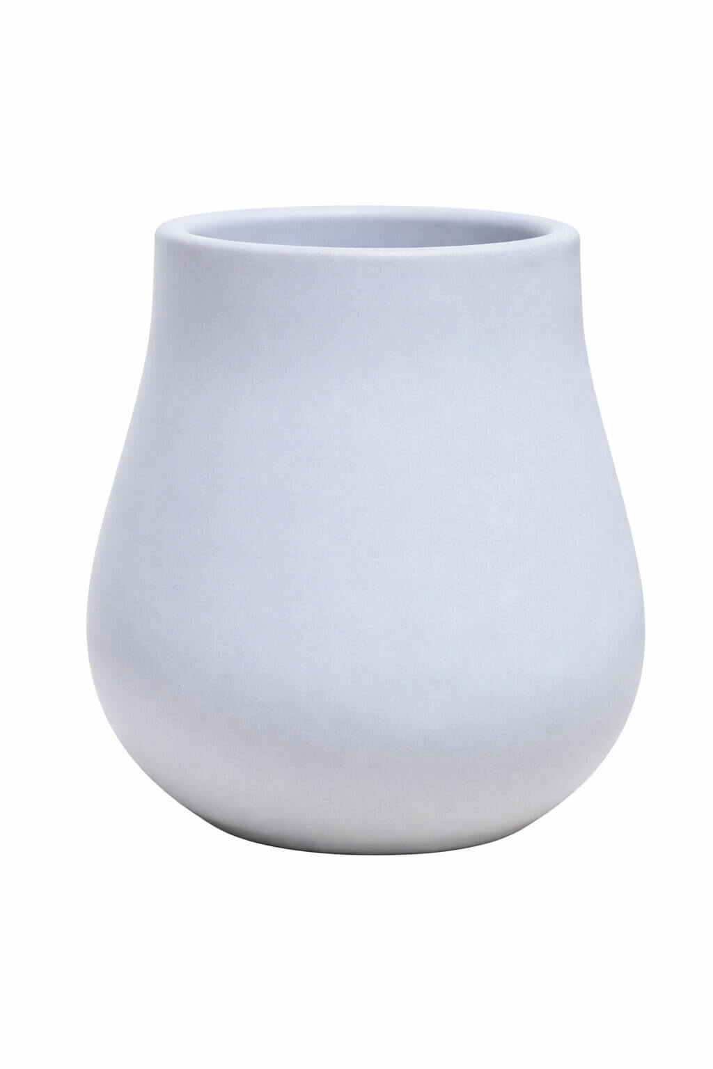 A matt light grey ceramic vase with a wide, rounded base and a slightly narrower, flat-topped opening, set against a white background.