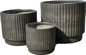 A set of three empty, ribbed Balmoral Corrugated Cylinder Black planters in varying sizes is displayed together against a white background.