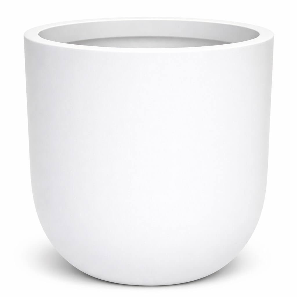 A plain, round, white ceramic plant pot with a smooth surface and no visible decorations, photographed against a white background.
