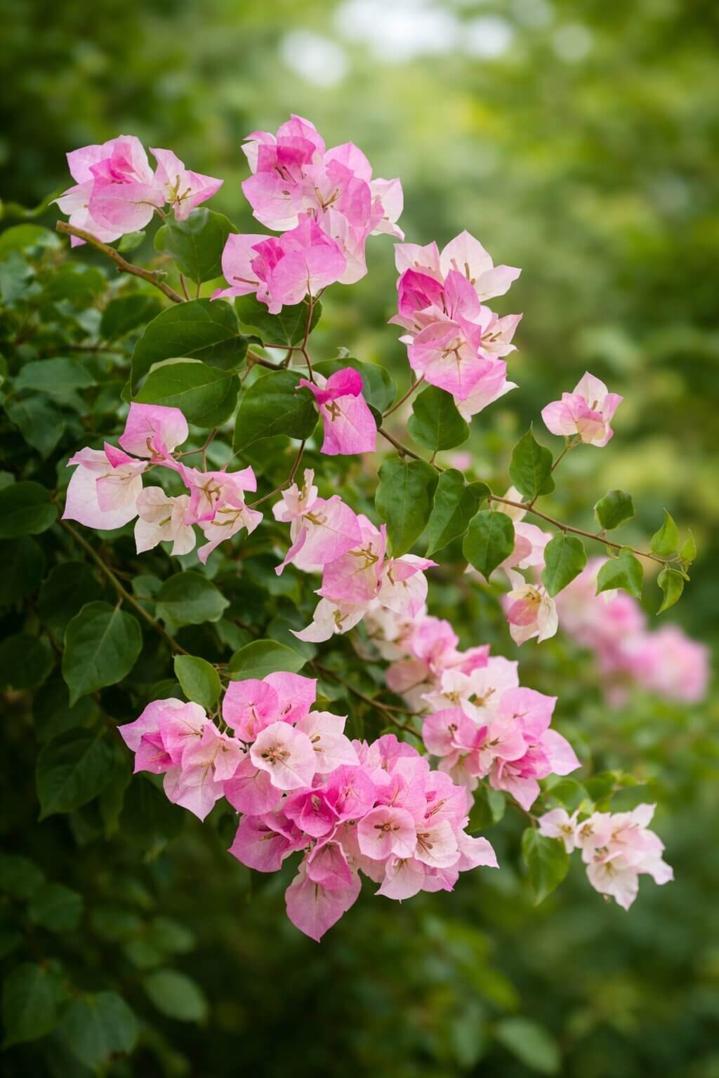 A cluster of pink and white bougainvillea flowers with green leaves in an outdoor garden setting.