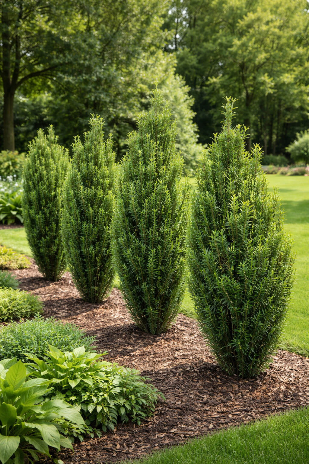 Four Upright Japanese Plum Yew shrubs are planted in a row on a mulched garden bed, with green grass and trees in the background.
