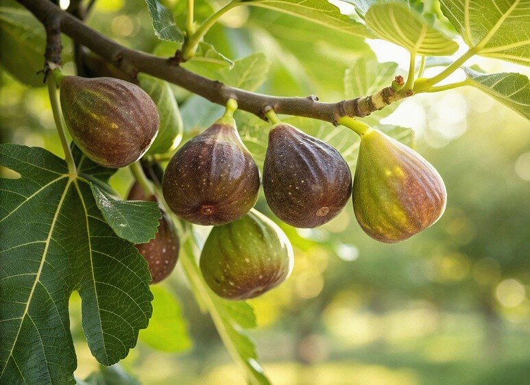 Ripe figs cluster on a Ficus 'Brunswick' Fig Tree in an 8" pot, with green leaves standing out against a sunlit, blurred background of foliage.