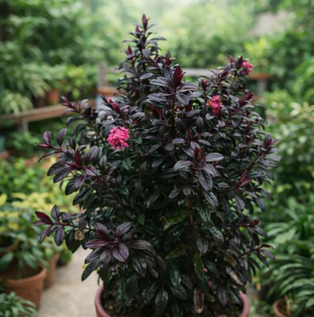 A Hebe 'Black Satin' 15cm Pot, featuring dark purple leaves and clusters of small pink flowers, is displayed among other green plants in a garden setting.