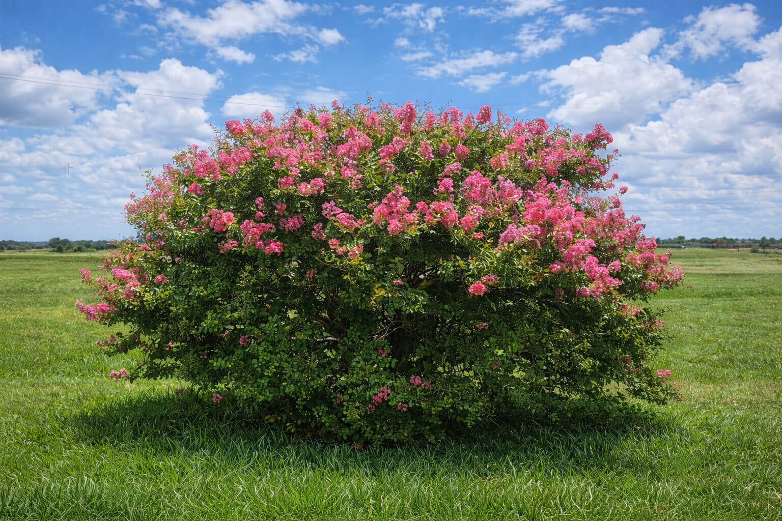 A Lagerstroemia 'Little Audrey' Crepe Myrtle in a 10" pot, featuring dense green foliage and bright pink flowers, stands alone in a grassy field under a partly cloudy sky.