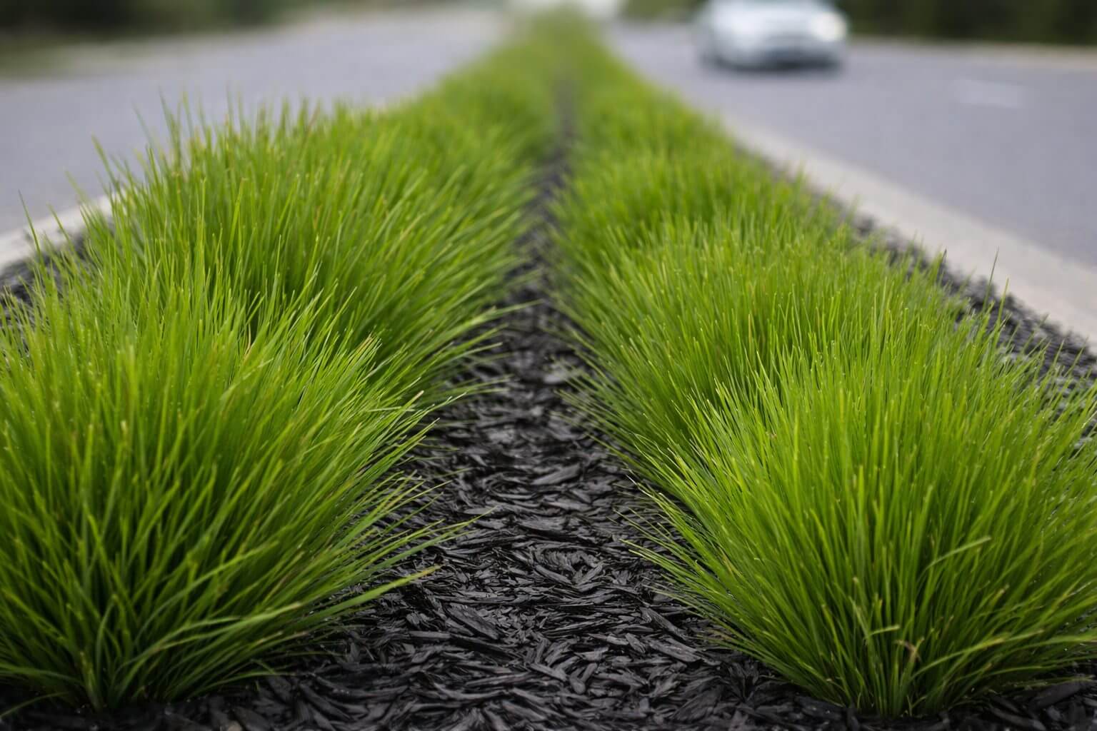 Green ornamental grasses planted in two neat rows on a mulched central reservation dividing a road; a blurred car is visible in the background.