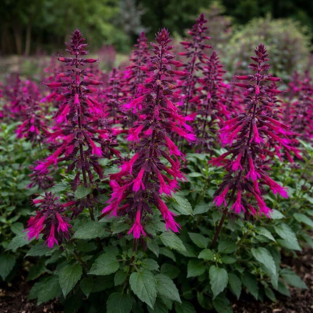 Salvia ‘Love and Wishes’ 15cm Pot features tall purple and magenta blooms in dense clusters with green foliage, ideal for outdoor gardens or as a vibrant display in a 15cm pot.