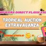 A promotional banner for the Summer Growers Direct Flash Sale tropical plant auction, featuring a potted plant, auction gavel, and text indicating the sale has ended.