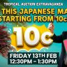 Advertisement for a Japanese maple auction, starting price 10p, with a host, sale ended sign, and auction date of Friday 13th February, 12:30 pm to 1:30 pm.