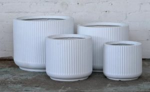 Four white, ribbed cylindrical plant pots of varying heights and widths are placed on a concrete floor against a white brick wall.