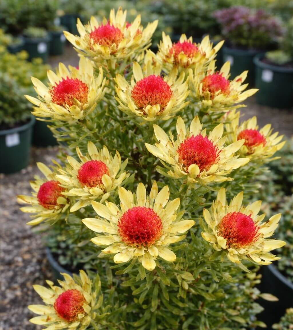 A Leucadendron 'Bella' in a 15 cm pot displays multiple yellow flowers with red centres, thriving in an outdoor garden among other potted plants.