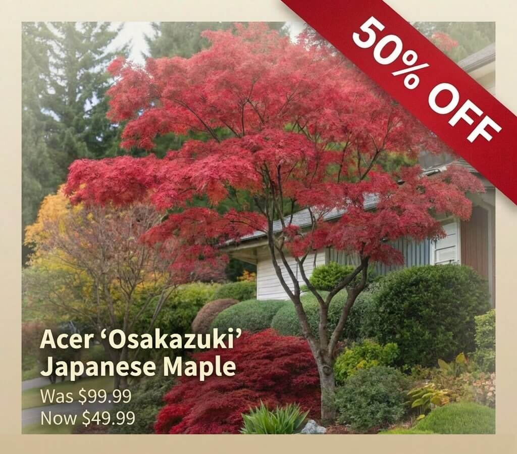 A Japanese Garden Exclusive: This Japanese maple tree with vibrant red leaves enhances any landscaped garden. Now 50% off—just £49.99, down from £99.99.
