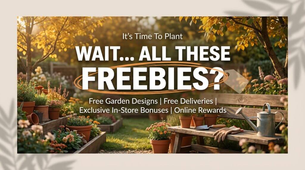 Outdoor garden scene with potted plants, tools, and benches. Text promotes free garden designs, deliveries, shop bonuses, Holiday Plant Sale offers, and online rewards.