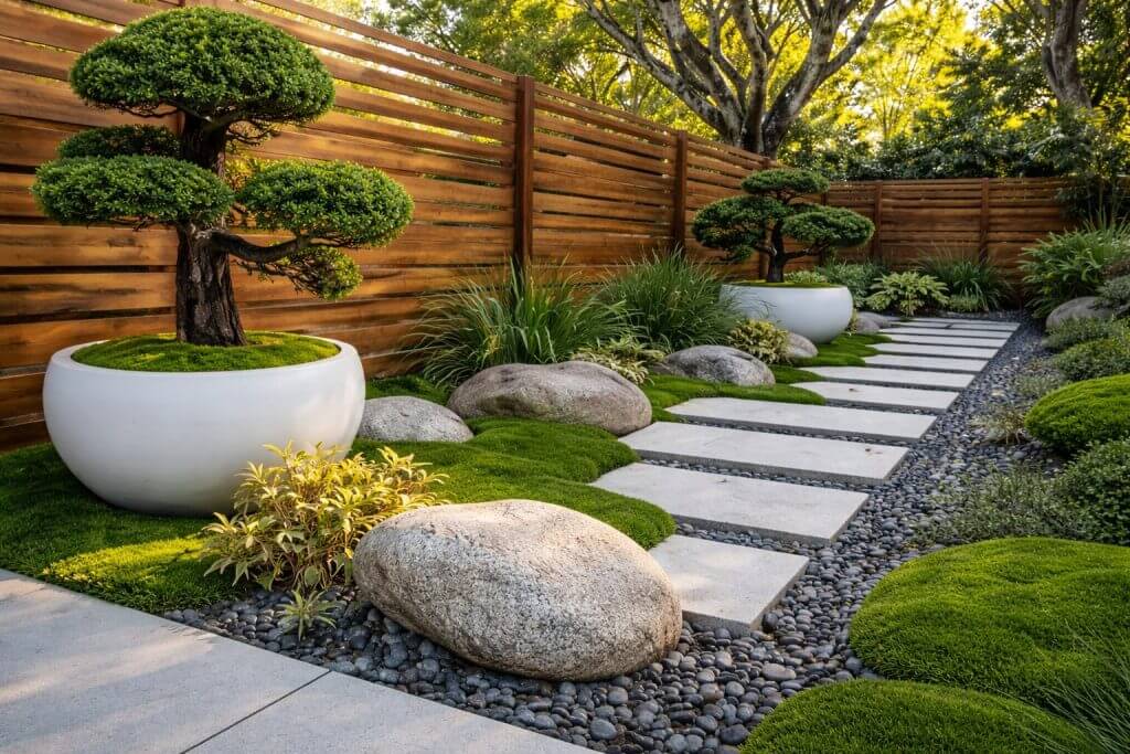 Exclusive modern garden with stone path, large potted bonsai trees, moss patches, rocks, and a wooden privacy fence—an oasis of Zen Living surrounded by lush greenery and sunlight filtering through trees.